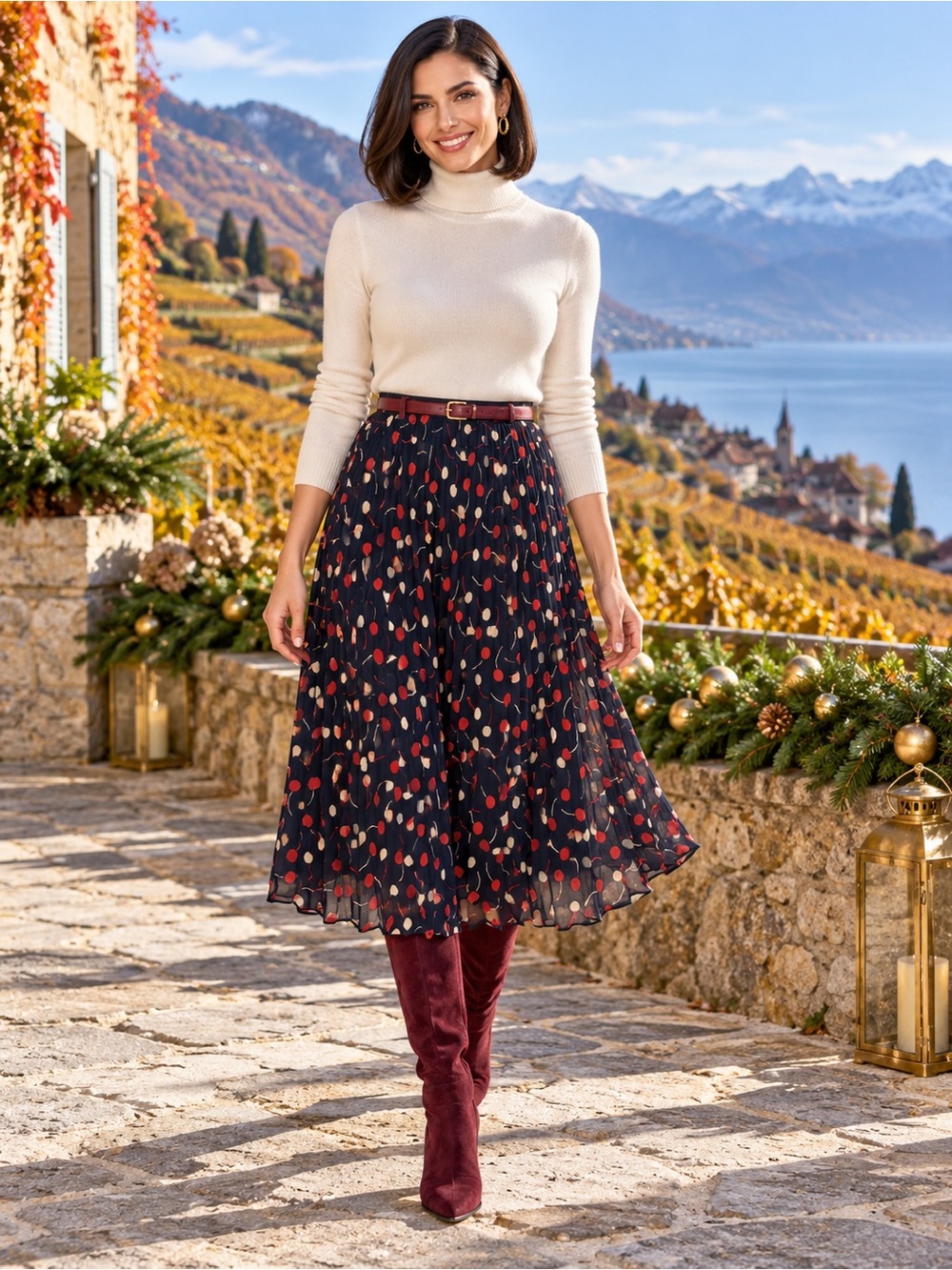 🔴Ann Taylor Navy Pleated Midi Skirt with Red and Cream Dot Print